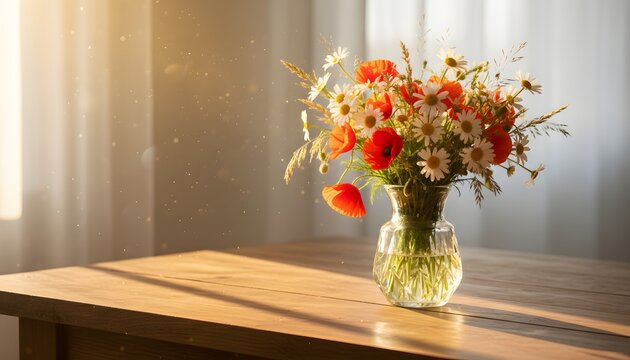 Bouquet of red poppies and white daisies in a vase on a wooden table, dancing in the sun for a summer solstice lifestyle concept with golden hour lighting and dust particles