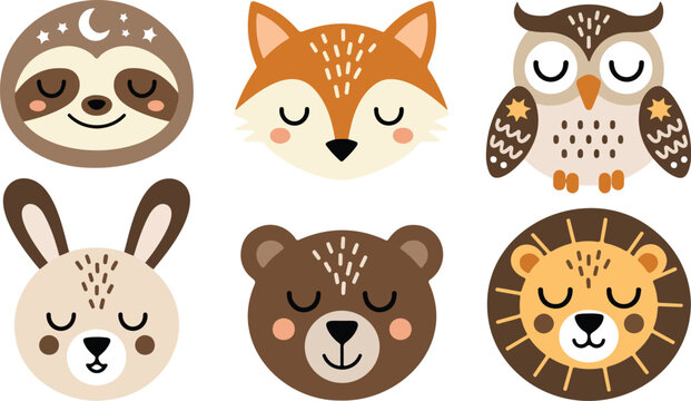 Cute woodland animal faces set flat vector illustration sleepy kawaii Scandinavian style forest animals minimal design isolated on white background