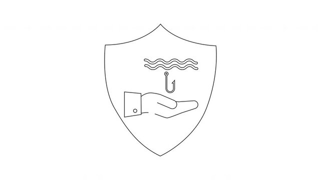 Fishing Safety Symbol - Shield with Hook, Hand, and Waves.