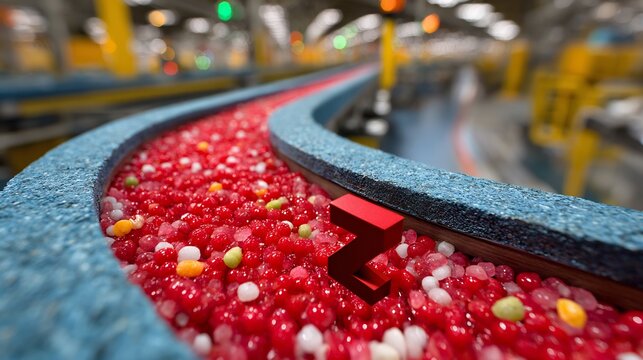 Conveyor belt with red white and yellow candy in a factory setting with industrial equipment