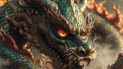 Obraz premium Majestic Green Dragon with Fiery Eyes and Intricate Scales