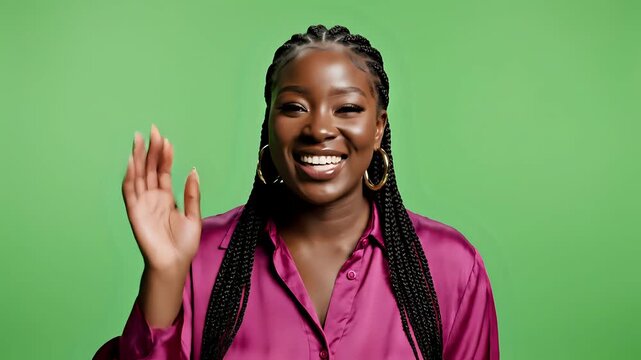 Young Black Woman Expressing Joy and Gratitude on Green Screen.