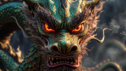 Fototapeta premium Fierce Dragon with Intense Eyes and Intricate Scales in Detail