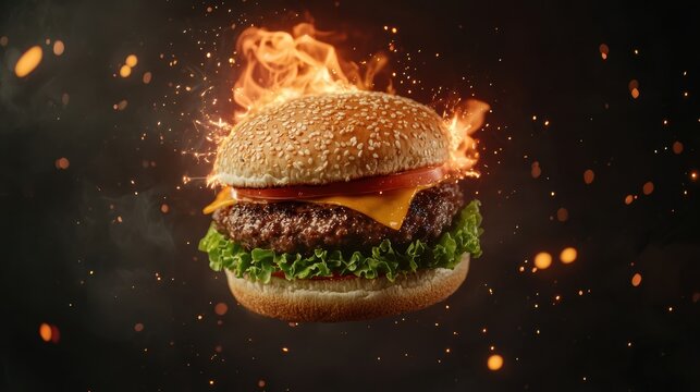 A juicy cheeseburger with lettuce and tomato is shown with flames and sparks in the background, emphasizing its hot, freshly grilled appeal.