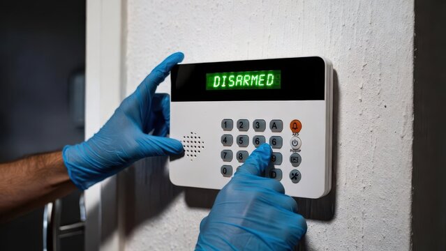 Home Security System Keypad with Disarmed Indicator in Operation