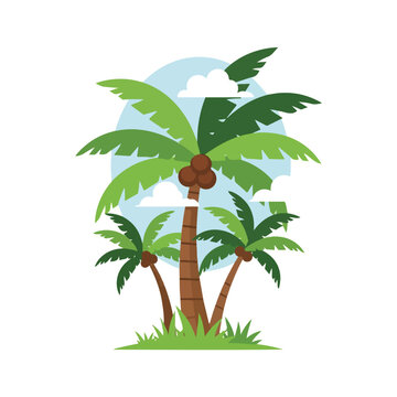 A cartoon illustration of three palm trees on a grassy area