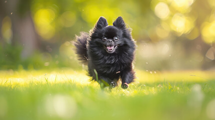 Obraz premium Happy black pomeranian dog running on green grass in sunny park, playful pet outdoor activity and joyful motion