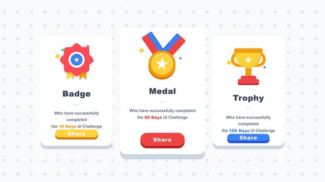 Gamification Rewards UI Design Set Featuring Achievement Badge Gold Medal and Winner Trophy for Progress Tracking
