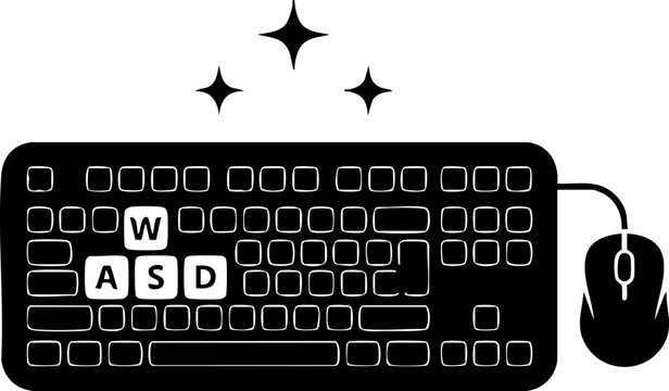 Detailed gaming keyboard and mouse with WASD keys on checkered background and sparkle stars.