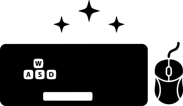Minimalist black gaming keyboard and mouse with WASD keys and sparkle stars on grid.