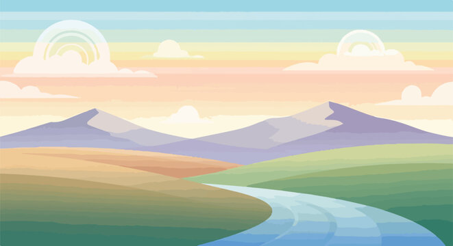A serene landscape with rolling hills, a meandering river, and distant mountains