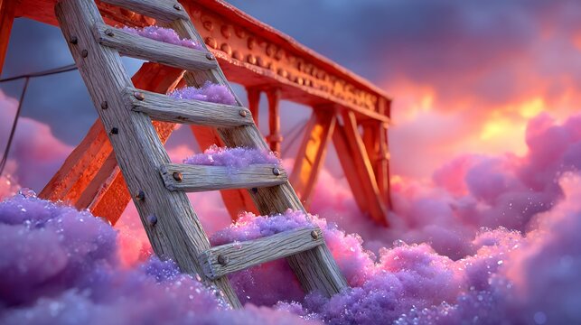 Wooden ladder leaning on industrial bridge in clouds at sunset with purple hues
