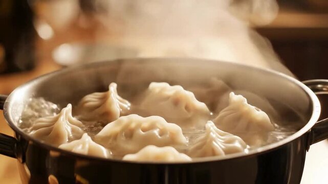 delicious homemade dumplings boiling in a pot with steam and bubbling water