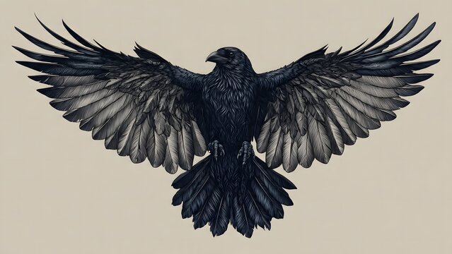 Dark raven with wings spread, tattoo style inspiration