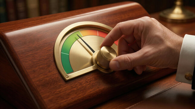 Hand adjusting golden knob on gauge for risk assessment, performance management, optimization and business decision making concept.