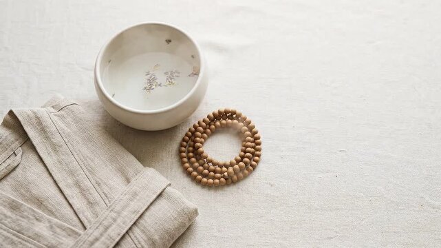 Mindfulness meditation yoga relaxation spa wellness still life with linen robe bathrobe ceramic bowl water and wooden bead bracelet on neutral fabric background for calm self care and serenity
