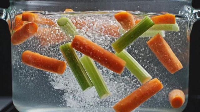 close up of fresh carrots and celery stalks falling into boiling water in a glass pot