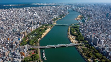 Obraz premium Aerial View of Urban Landscape with Waterways, Bridges, and Green Spaces in a Bustling City Environment