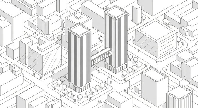 Architectural sketch of modern twin towers connected by a skybridge.