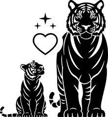 Obraz premium Mother and baby tiger silhouettes with heart and stars symbols for wildlife conservation.