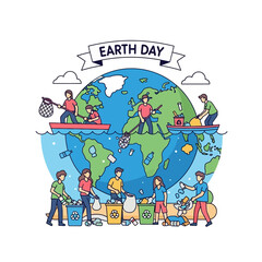 Naklejka premium Earth Day Cleanup: People cleaning ocean and land, protecting planet, recycling, environmental care