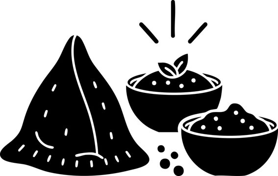 Traditional indian samosa snack with bowls of spicy chutney and seeds vector illustration.