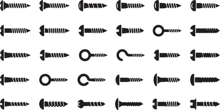 Complete Screw Silhouette Icon Set, 30 Black Vector Symbols of Various Fasteners including Wood Screws, Self-Tapping, Bolts, and Eye Hooks
