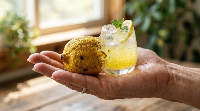 Surreal visual pun of a hand holding a lemon drink with a whole rough fruit for a bitter life concept