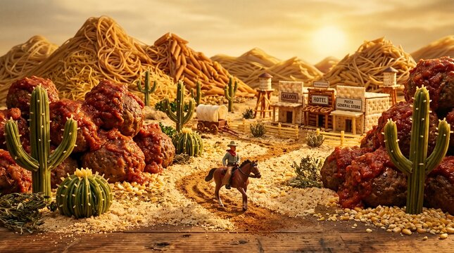 Surreal visual pun of a business lone ranger riding a horse in a desert outpost for a blazing a trail concept