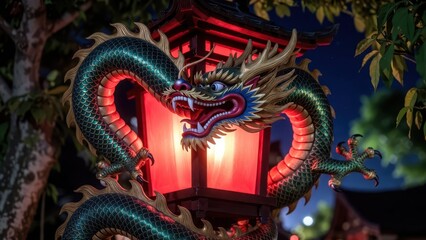 Obraz premium Colorful Dragon Lantern in Nighttime Garden Setting