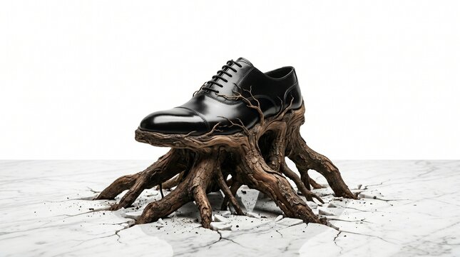 Surreal visual pun of a luxury business shoe rooted in success with tree roots in the ground