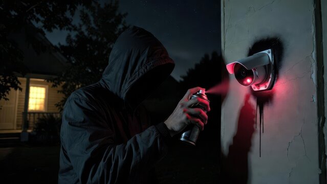Vandal Spray Painting Security Camera at Night in Urban Setting