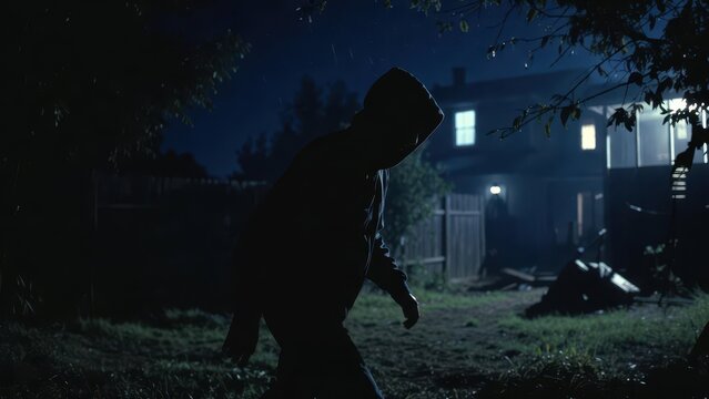 Mysterious figure walking in rain under the moonlight night sky