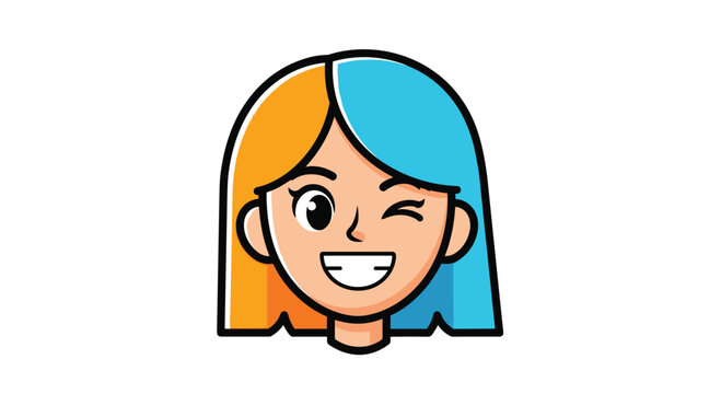Cheerful cartoon girl with two-toned orange and blue hair winks and smiles in a vibrant portrait illustration.