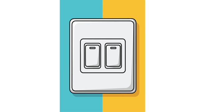 Modern white double rocker light switch mounted on a wall featuring a split background of light blue and yellow colors in a clean flat design.