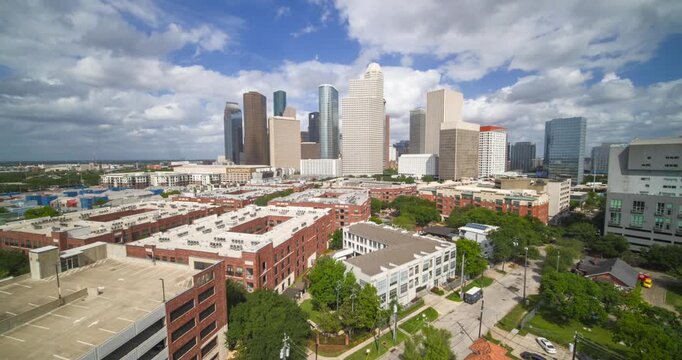 Drone View of Downtown Houston Texas Skyline from Midtown Urban Perspective