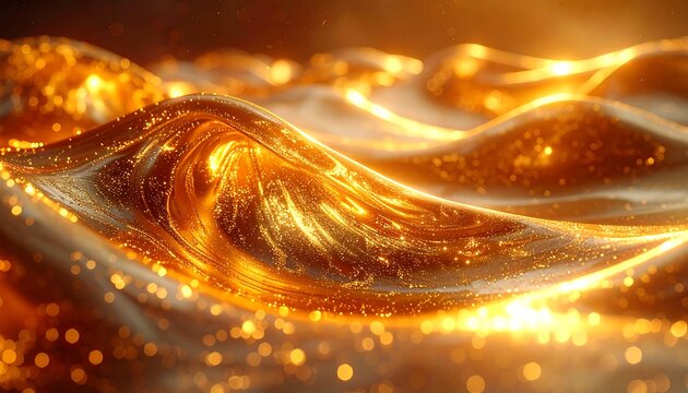Gleaming golden waves undulate with light, capturing a dynamic sense of fluid motion and a warm, lustrous ambiance