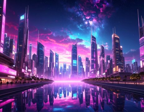 Futuristic cityscape reflected on water under a bright, swirling, colorful, and galactic sky