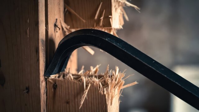Close-up of Crowbar Embedded in Wooden Beam with Shredded Wood