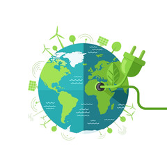 Naklejka premium Green Energy Planet Earth with Power Plug, Wind Turbines and Solar Panels