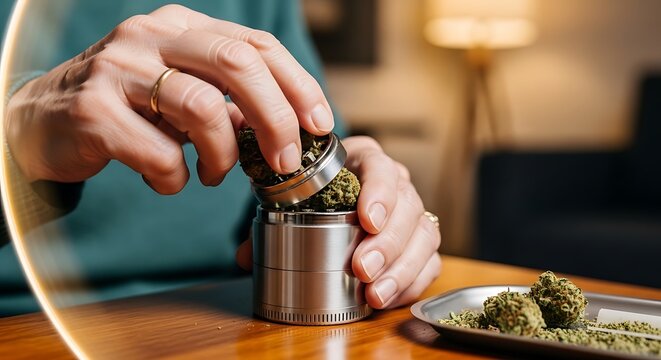 Hands Preparing Cannabis Bud in Grinder