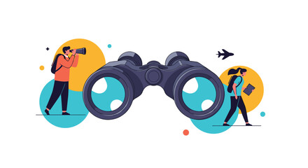 Fototapeta premium Large black binoculars positioned between two travelers, one using binoculars and the other walking with a backpack for tourism.
