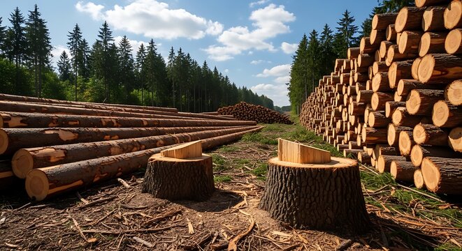 A dense stack of cut pine logs and timber firewood from the forest industry is piled high against a blue sky landscape