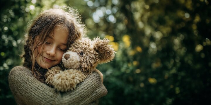 Portrait young, little girl, child with messy hair hugging her favorite fluffy teddy bear, eyes closed in moment of pure peaceful happiness and  childhood comfort today, nature, outdoors, copyspace