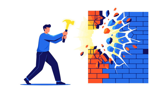 Man with hammer breaking through brick wall.