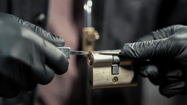 Skilled Locksmith Using Tool to Open a Secure Padlock
