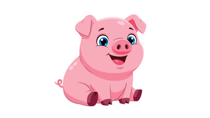 Fototapeta premium Happy pink pig character sitting comfortably and smiling with its eyes open on a plain white background.