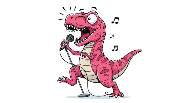 Funny pink Tyrannosaurus Rex dinosaur sings passionately into a microphone while music notes float around it in a comical scene.