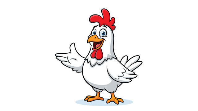 Cheerful white rooster character with a red comb and wattle stands happily and gestures with its wing in a friendly cartoon style.