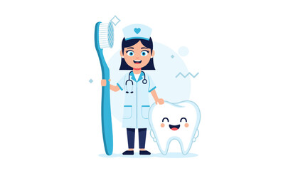 Obraz premium Friendly female dentist standing with a giant blue toothbrush and a happy cartoon tooth character on a white background.